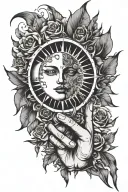  sun and moon floating in an open hand, rose thorns around the hand, fine bohemian style  tattoo design idea