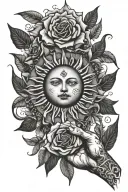  sun and moon floating in an open hand, rose thorns around the hand, fine bohemian style  tattoo design idea