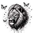 Raptor claw scratch revealing a lion with butterflies surrounding the lion in line art tattoo design idea