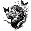 Raptor claw scratch revealing a lion with butterflies surrounding the lion in line art tattoo design idea