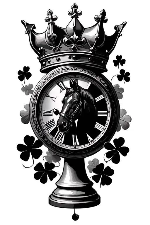 clock with horse chess piece in middle and king crown on top and surrounded with 4 leaf clovers  tattoo design idea