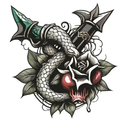 Old fashioned dagger with a snake wrapped around tattoo drawing, pomegranate cut in half as blood dripping, jade gem in  tattoo design idea