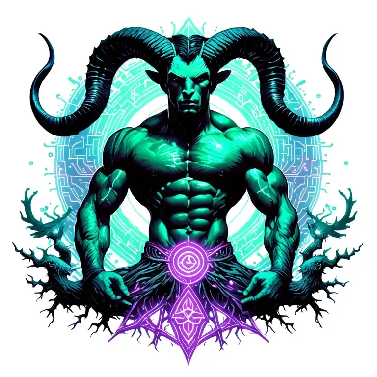 sexy gay male horned satyr with massive bodybuilder muscles flex. green tree roots, animals and purple constellations tattoo design idea