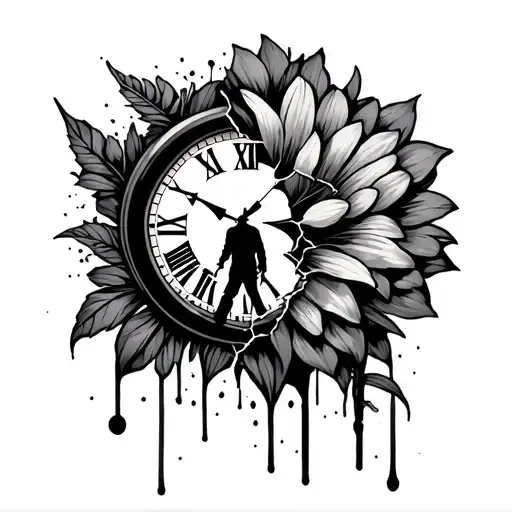 broken clock face and alone man walking and dead flower tattoo design idea