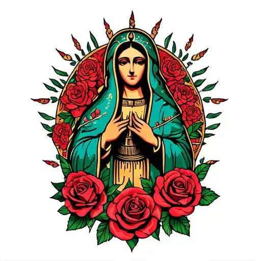virgen de Guadalupe Mexican with roses tattoo design idea