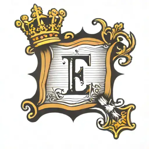 letter E with crown holding book tattoo design idea