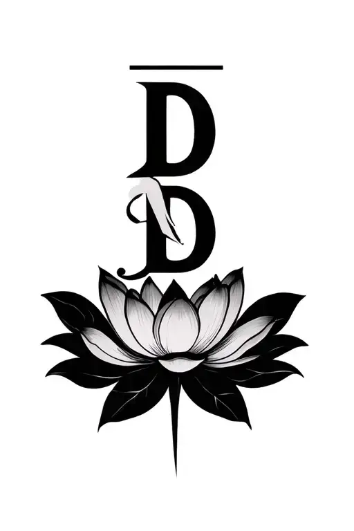 lotus flower outline with letters J D N vertical tattoo design idea