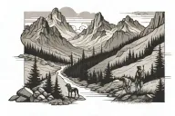 mountain valley with a man and a dog in the walking the trail splting tattoo , viewed from very far away. add tall pines tattoo design idea
