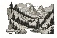 mountain valley with a man and a dog in the walking the trail splting tattoo , viewed from very far away. add tall pines tattoo design idea