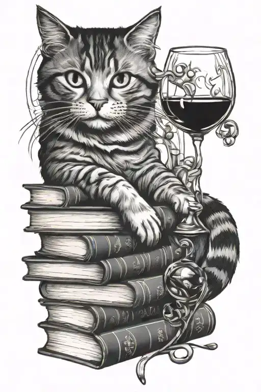 cat on books and wine glass tattoo design idea