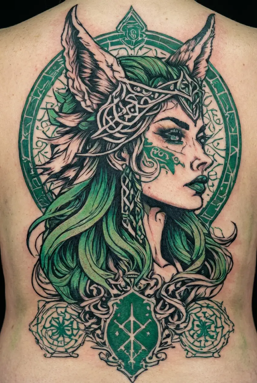 a portrait style tattoo of the goddess Hel, with the wolf head of Fenrir. include Norse runes & ethereal green tattoo design idea