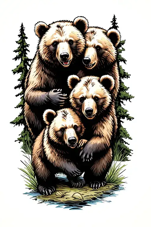 3 bear cubs playing in the forest landscape tattoo design idea