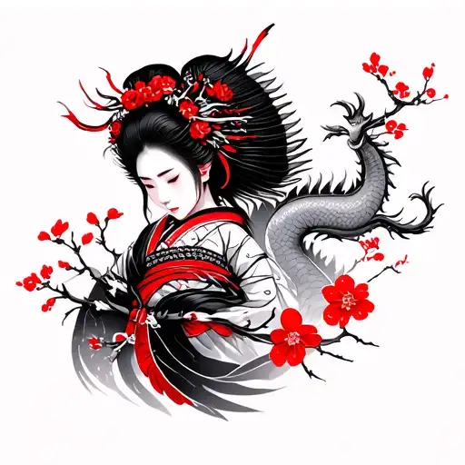 Geisha samurai , dragon, cherry blossom with red and black ink minimalist tattoo design idea