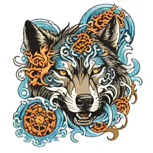 Wolf with blue eyes, background having fire and water elements, the top are moon and star tattoo design idea