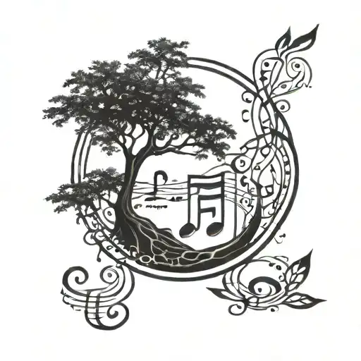 A blackwork tattoo design of a tree with musical notes as leaves, symbolizing the harmony between music and nature tattoo design idea