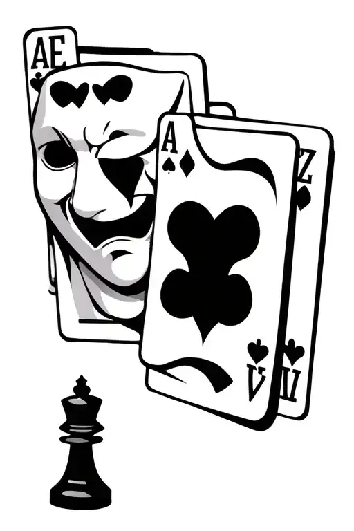 Love yourz at the top, happy and sad mask underneath, then a deck of cards, with a chess king piece underneath tattoo design idea