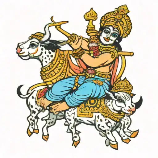 A tattoo of Lord Krishna playing with a group of cowherd friends, representing joy and friendship tattoo design idea