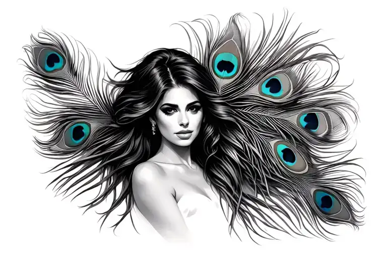 Shania surrounded by peacock feather tattoo design idea