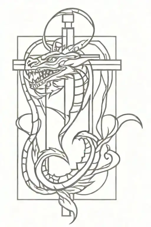 small cross with Aztec dragon wrapped tattoo design idea