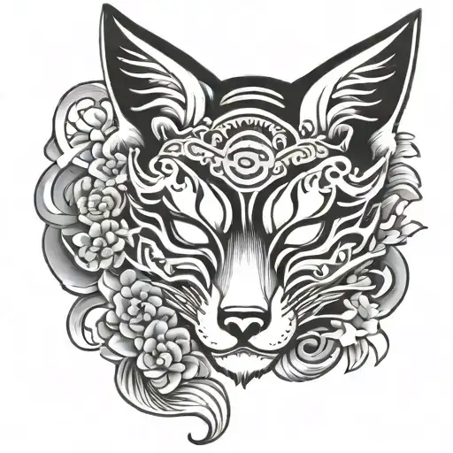 japanese fox mask and lucky charm with the name "サフ" tattoo design idea