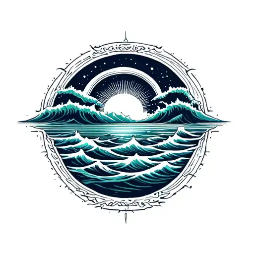 horizon line over vast ocean, waves fading into concentric circles, representing depth and infinite trust tattoo design idea