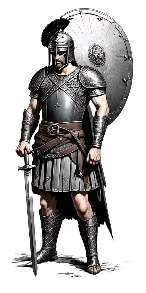 roman centurion helmet breastplate shoes belt sword shield tattoo design idea