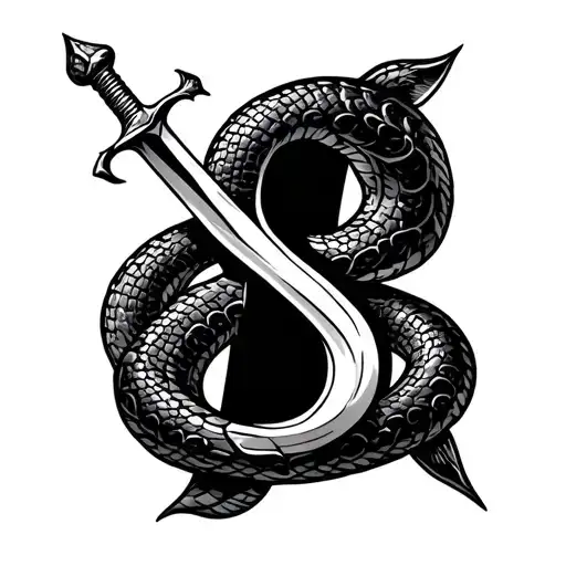 cursive S made with a snake and sword piercing. meaning something powerful and creative tattoo design idea