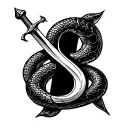 cursive S made with a snake and sword piercing. meaning something powerful and creative tattoo design idea