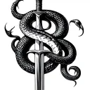 cursive S made with a snake and sword piercing. meaning something powerful and creative tattoo design idea