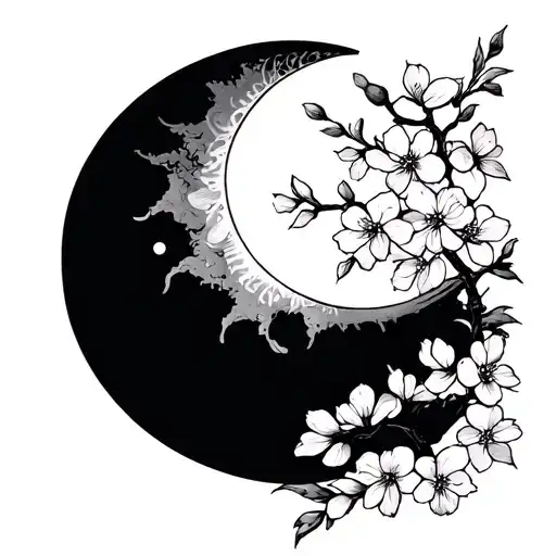 postage stamp shape: including the sun moon and cherry blossoms. fine lines aesthetically pleasing tattoo design idea
