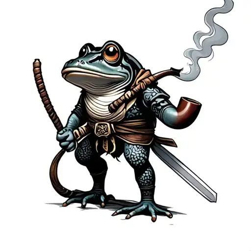 frog samurai with sword sheeted and pipe smoking tattoo design idea
