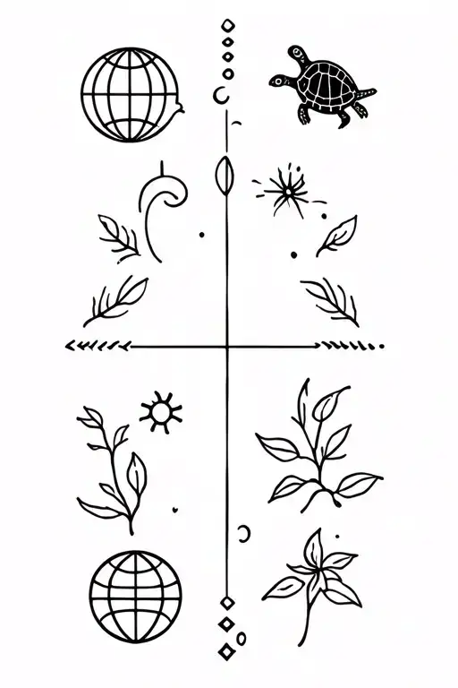 a fine line completely black tattoo of a horizontal line with various symbols: a globe, a turtle, a mimosa flower, a bu tattoo design idea
