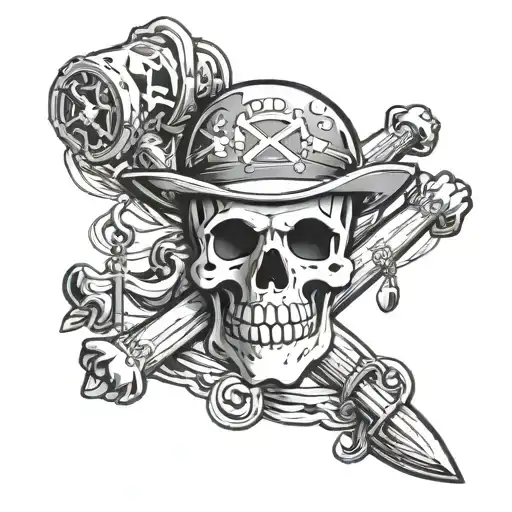 one piece jolly roger with cross bones replaced by scale of justice and geologist pick tattoo design idea