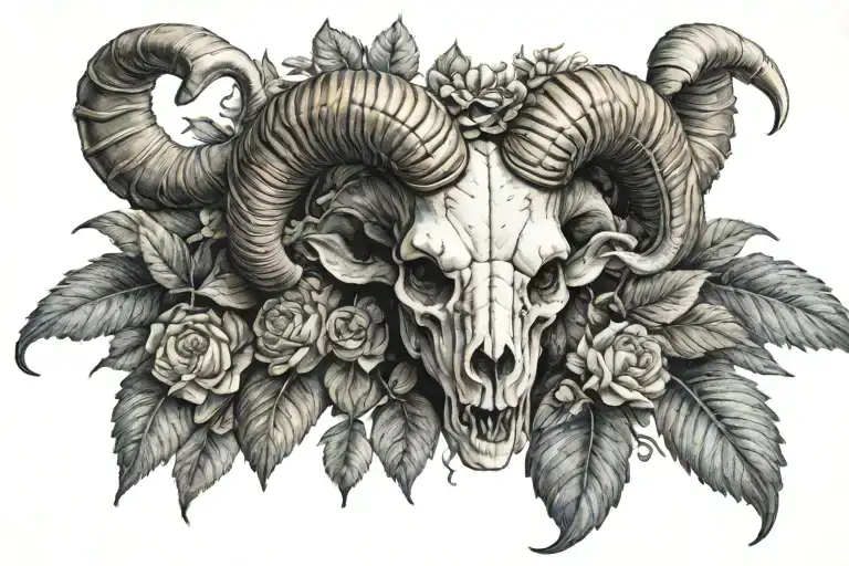 Aries ram skull surrounded Boy Autoknacker leaves tattoo design idea