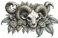 Aries ram skull surrounded Boy Autoknacker leaves tattoo design idea