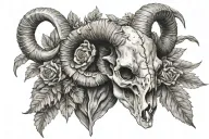 Aries ram skull surrounded Boy Autoknacker leaves tattoo design idea