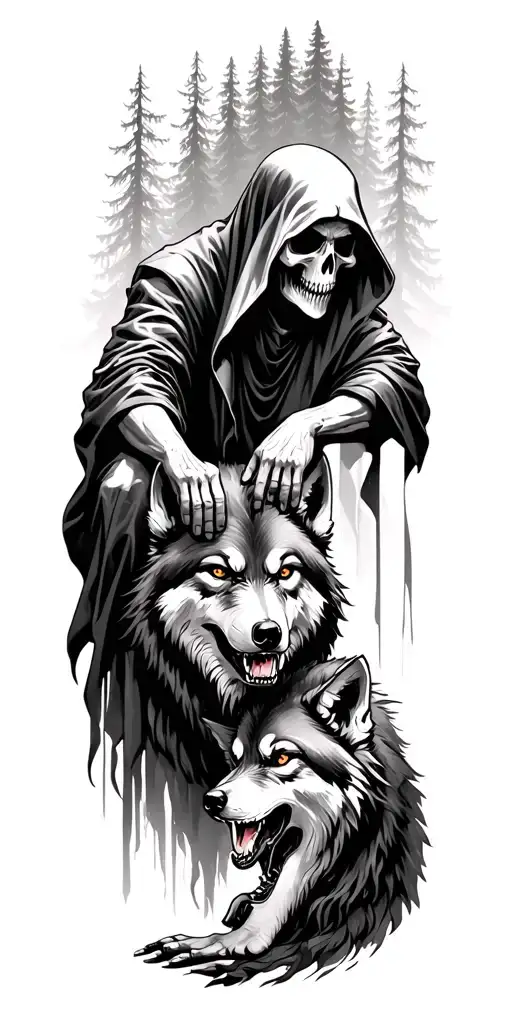 grimreaper laying his hand on an agressiv wolf with forest in the background tattoo design idea