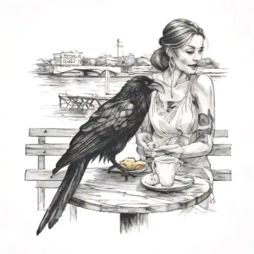 beautiful girl wearing sundress sitting in an outdoor cafe feeding a raven French fries at her table next to a riverwalk tattoo design idea