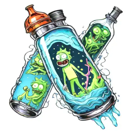 A realistic lava lamp with a hidden image of Rick and Morty inside the glowing liquid tattoo design idea