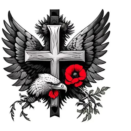 Lorraine cross surrounded by the wings of an imperial eagle with a poppy between its talons tattoo design idea