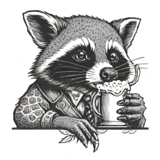 A barista serving beer with a raccoon peeking out from behind the counter tattoo design idea