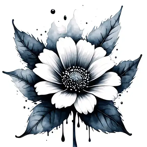 dripping watercolor and ink flower tattoo design idea
