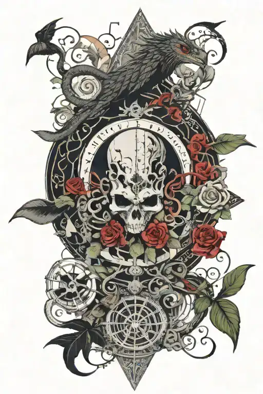 tree snake one pyramid black eagle waterfalls eyeball wheelchair sun, moon ,whale, dragon emersing, yinyang skull roses tattoo design idea