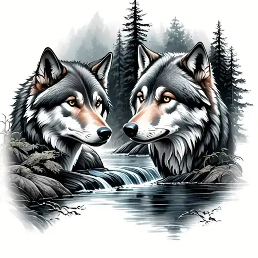 4 wolfs forest stream flowing tattoo design idea
