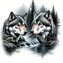 4 wolfs forest stream flowing tattoo design idea