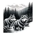 4 wolfs forest stream flowing tattoo design idea