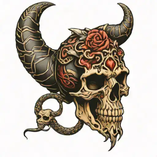 aries skull and snake wrapped tattoo design idea