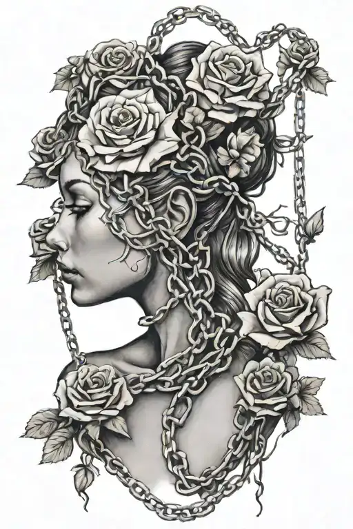 Silhouette of a naked girl, anatomically correct, roots growing out of chains, roses tattoo design idea