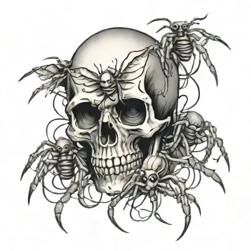 skull and baby spiders crawling tattoo design idea