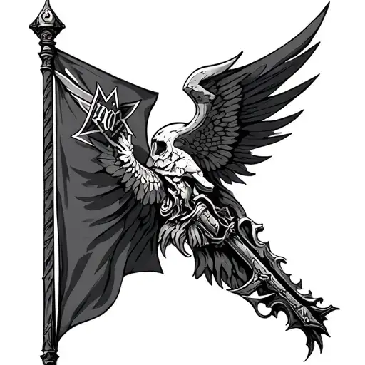 flag frow warhammer, biomechanic, with latin words tattoo design idea